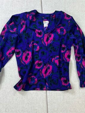 Elite International Vintage 80s Purple Pink Abstract Rose Blouse Whimsigoth 14